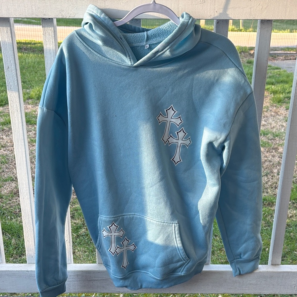 Blue Hoodie with Cross Patches